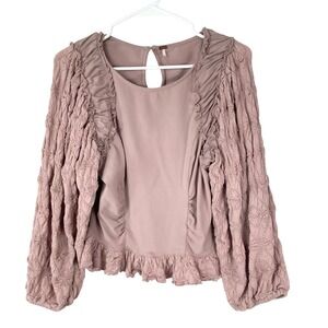 Free People Mauve Smocked Balloon Sleeve Ruffle Round Neck Top Womens Medium